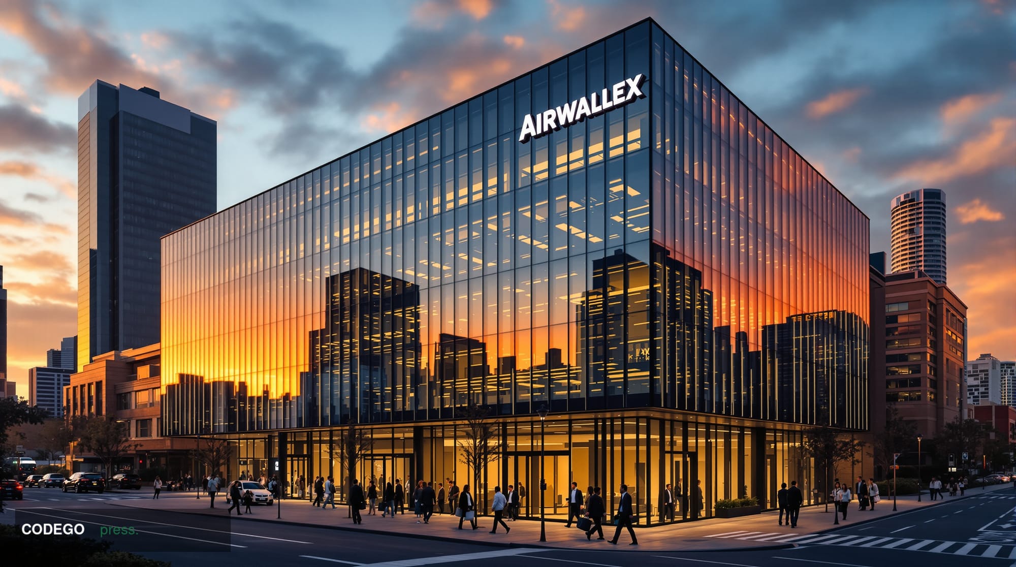 A photorealistic aerial view of Airwallex's modern Melbourne headquarters building with its distinctive glass facade and comp