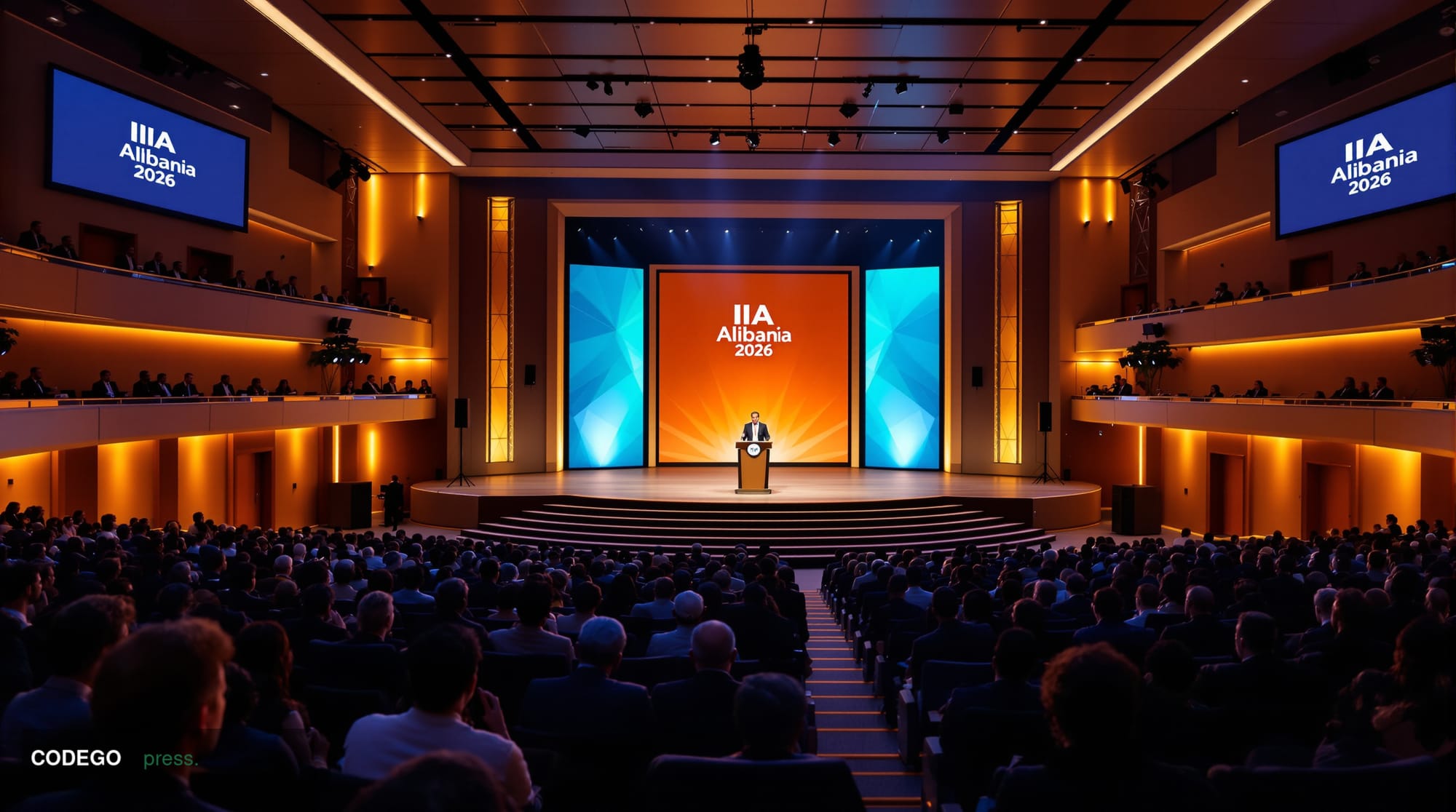 A cinematic editorial photograph capturing the interior of a modern conference hall in Tirana, Albania, during the IIA Albani