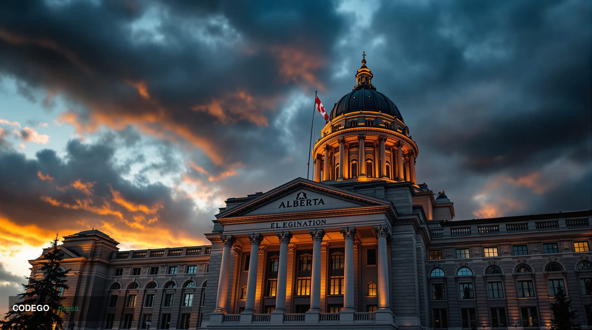A dramatic photorealistic editorial photograph showing the Alberta Legislature Building in Edmonton at dusk, with its distinc