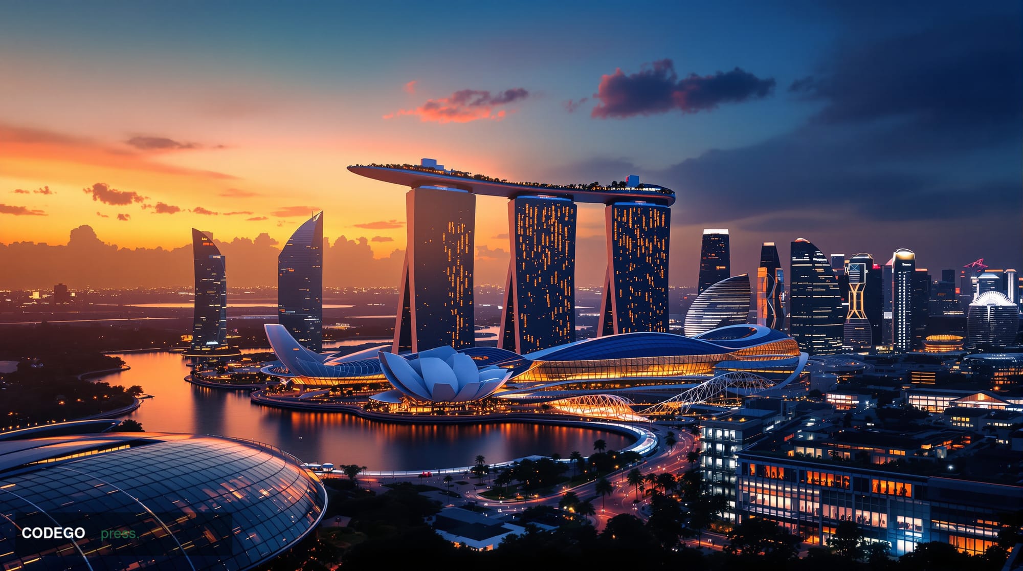 A photorealistic editorial photograph showcasing Singapore's iconic Marina Bay skyline at golden hour, with the distinctive M