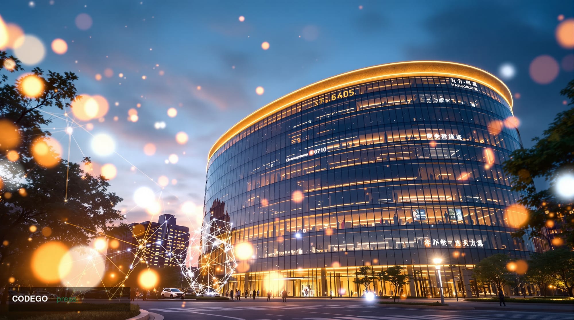 A photorealistic editorial photograph showcasing Alibaba's corporate headquarters in Hangzhou, China, with the distinctive cu