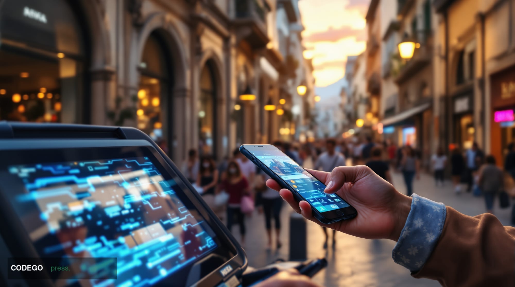 A photorealistic editorial photograph showcasing the convergence of Asian and Latin American digital payment ecosystems in a 