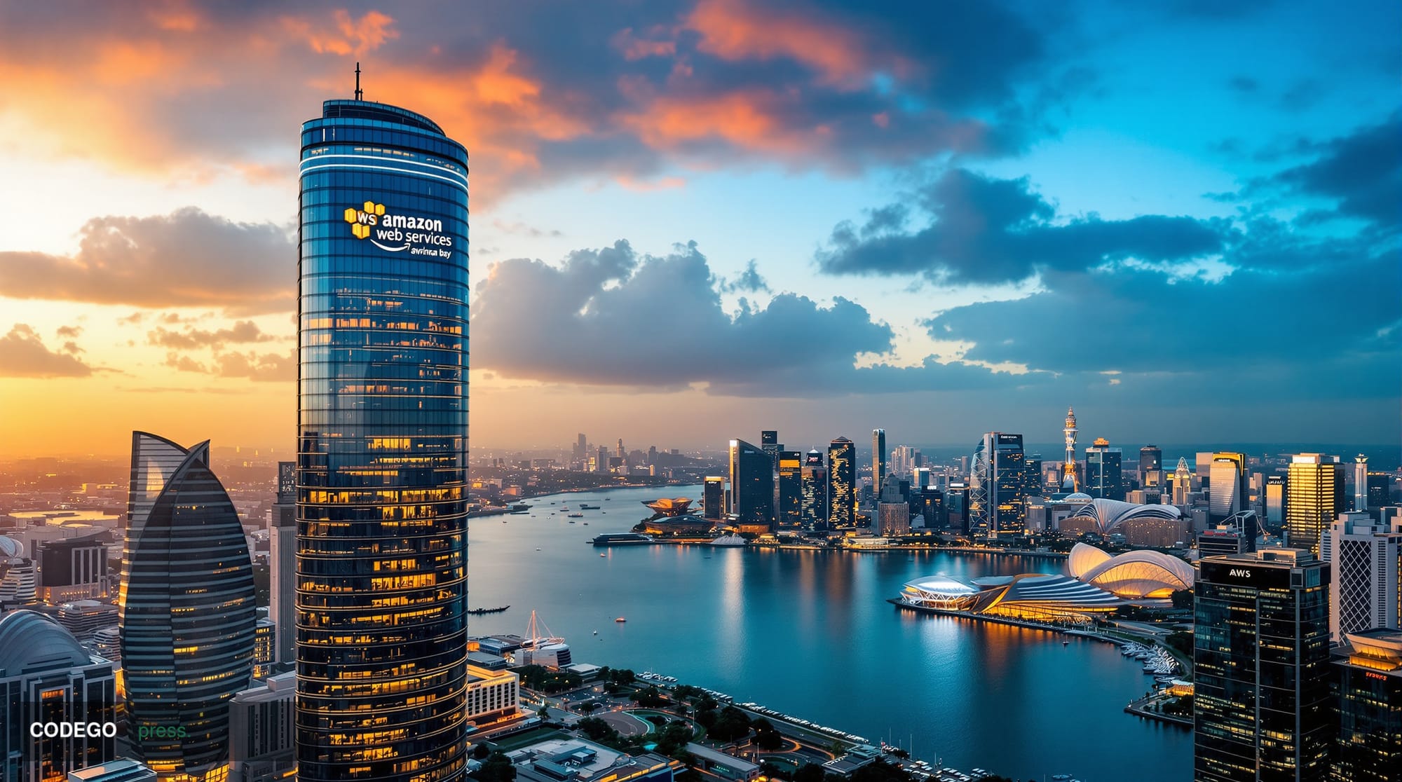 A cinematic editorial photograph showcasing Amazon's Southeast Asian expansion through a dramatic aerial view of Singapore's 