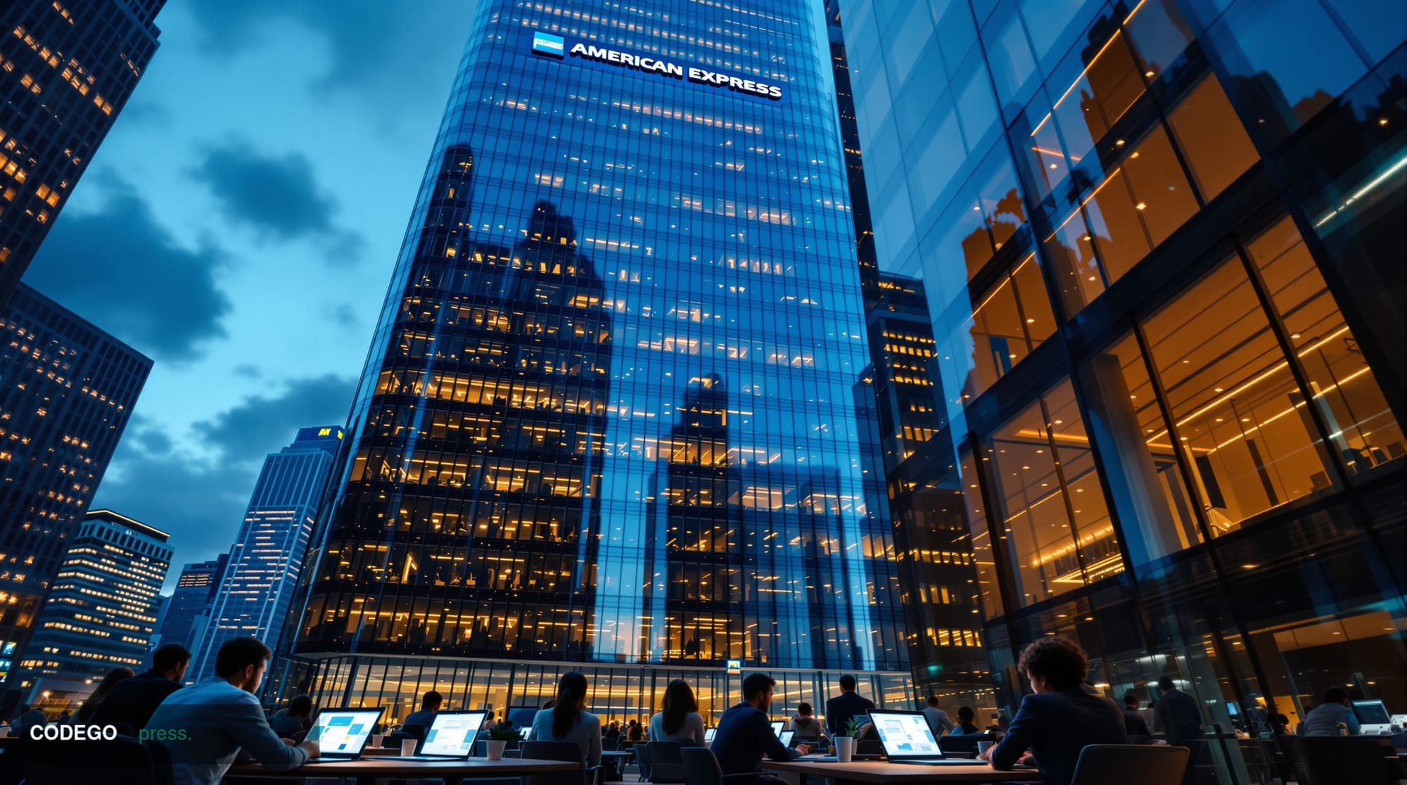 A photorealistic editorial photograph capturing American Express's commitment to small business AI education, featuring the i