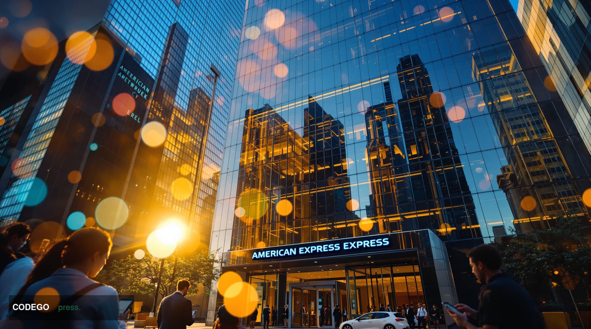 A cinematic editorial photograph of the iconic American Express headquarters building in New York City's World Financial Cent