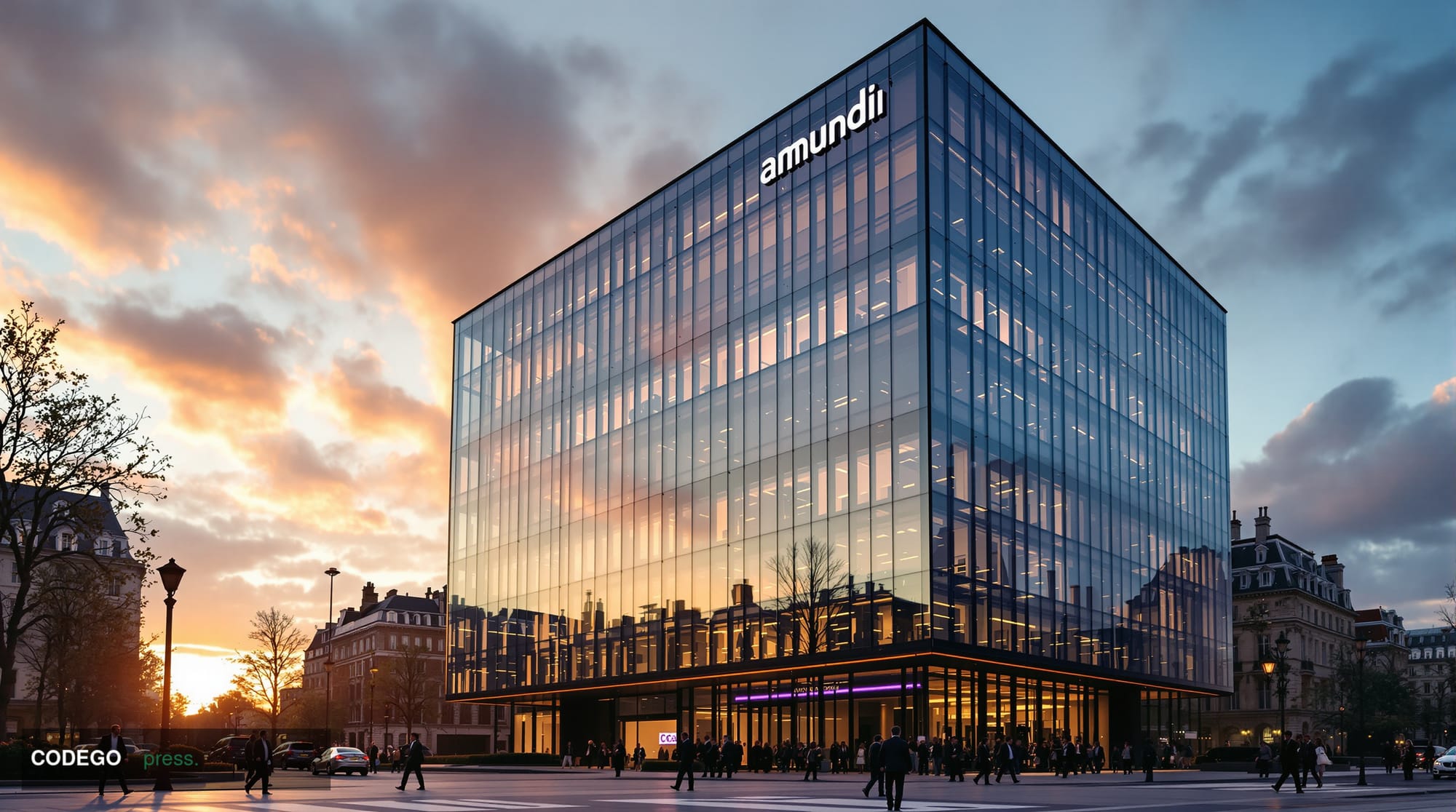 A photorealistic editorial photograph of Amundi's modern Parisian headquarters building on Boulevard Pasteur, shot from a low