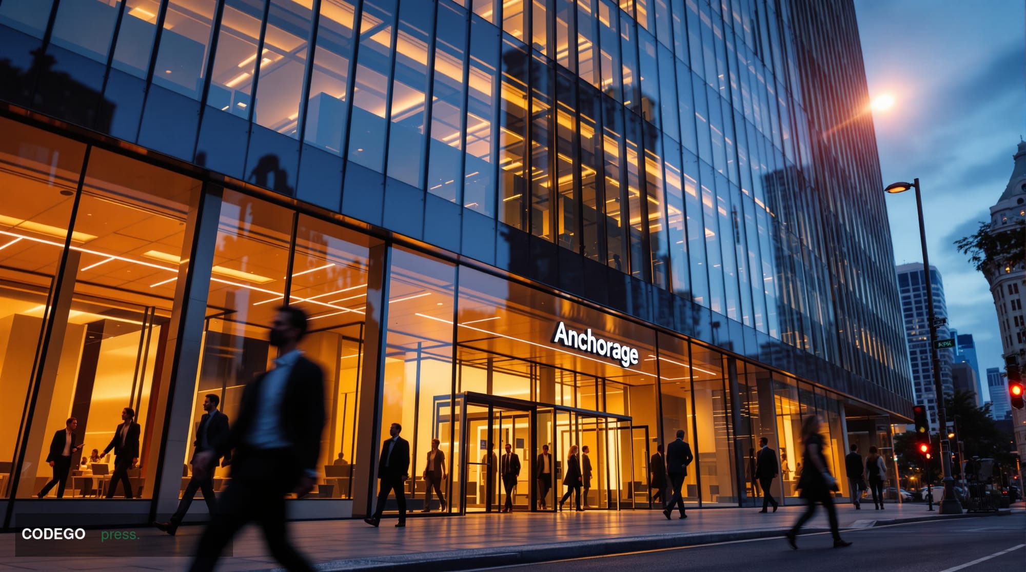 Photorealistic editorial photograph of Anchorage Digital's San Francisco headquarters building exterior during golden hour, s
