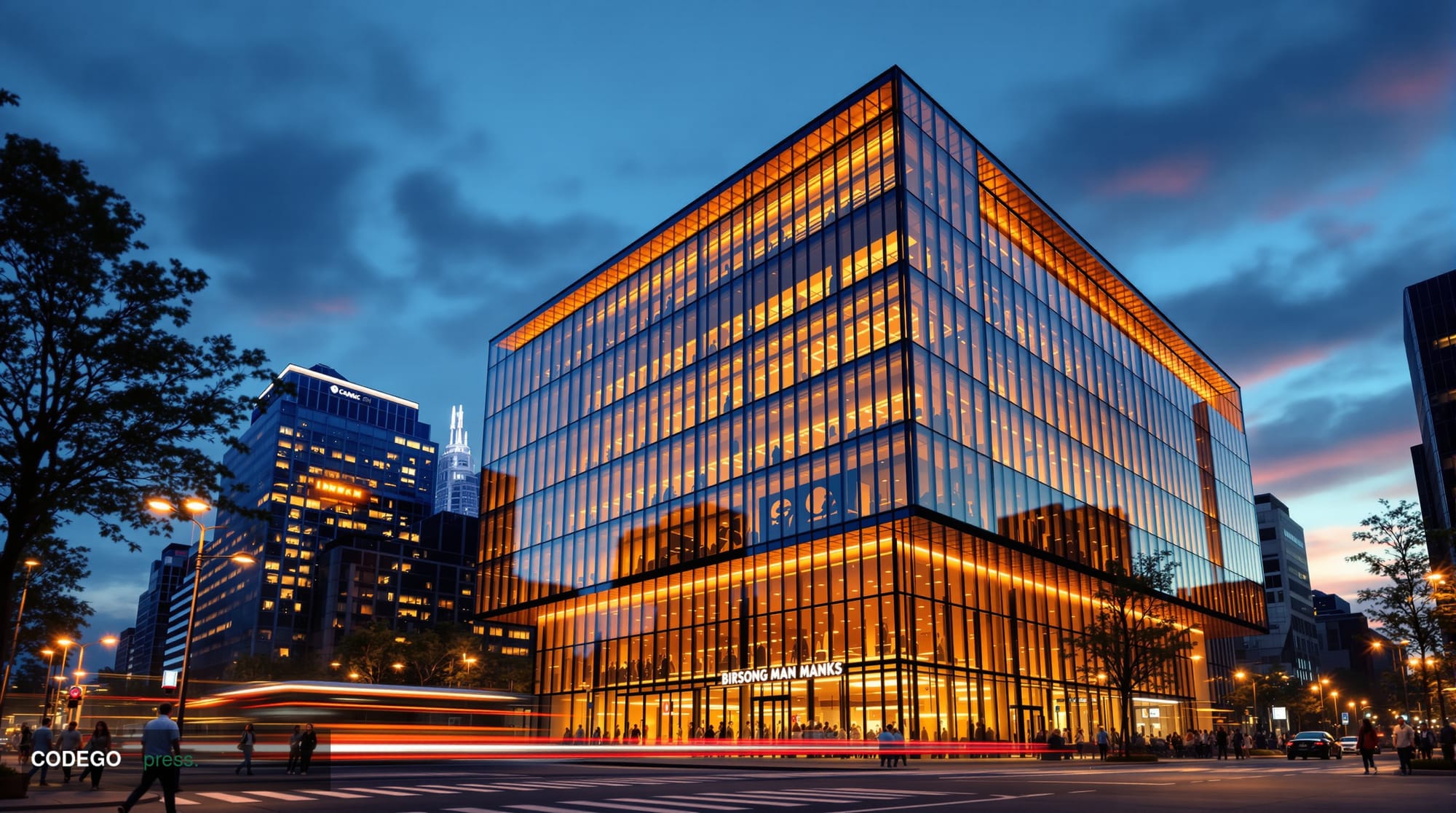 Photorealistic editorial news photograph of a modern banking headquarters exterior at golden hour, shot from a low angle look