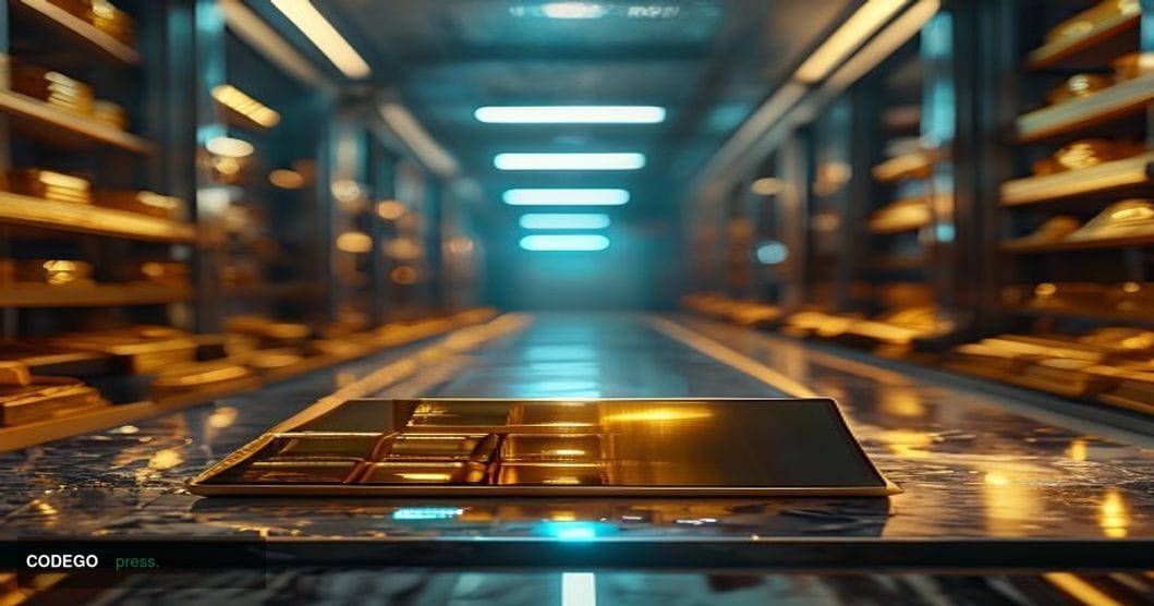 A dramatic editorial photograph showing a luxurious gold bullion vault with gleaming gold bars stacked on metallic shelving, 