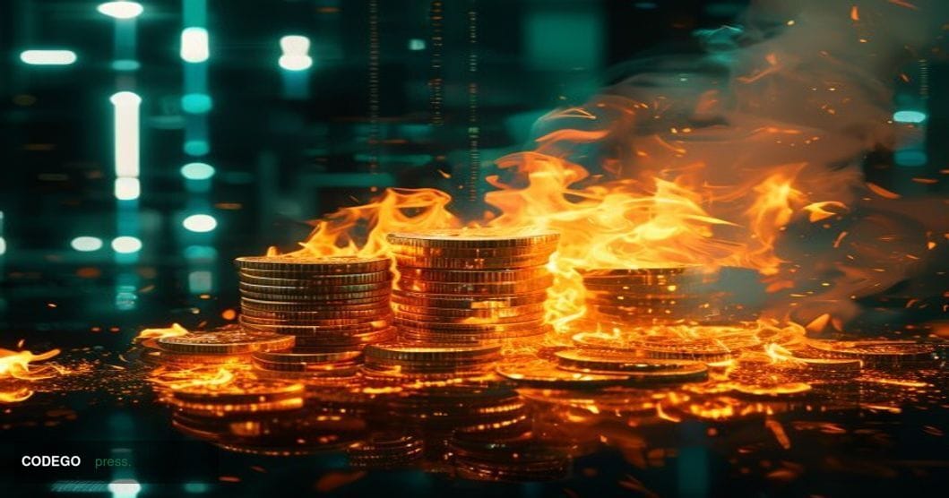 A photorealistic editorial photograph showing stacks of golden Bitcoin physical coins dramatically illuminated by flickering 