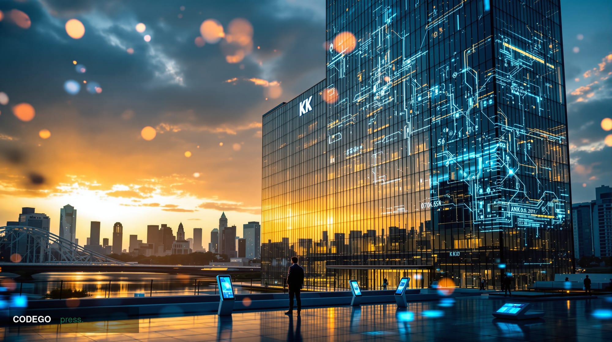 A cinematic editorial photograph showcasing Ant International's headquarters building in Hangzhou, China, captured during gol
