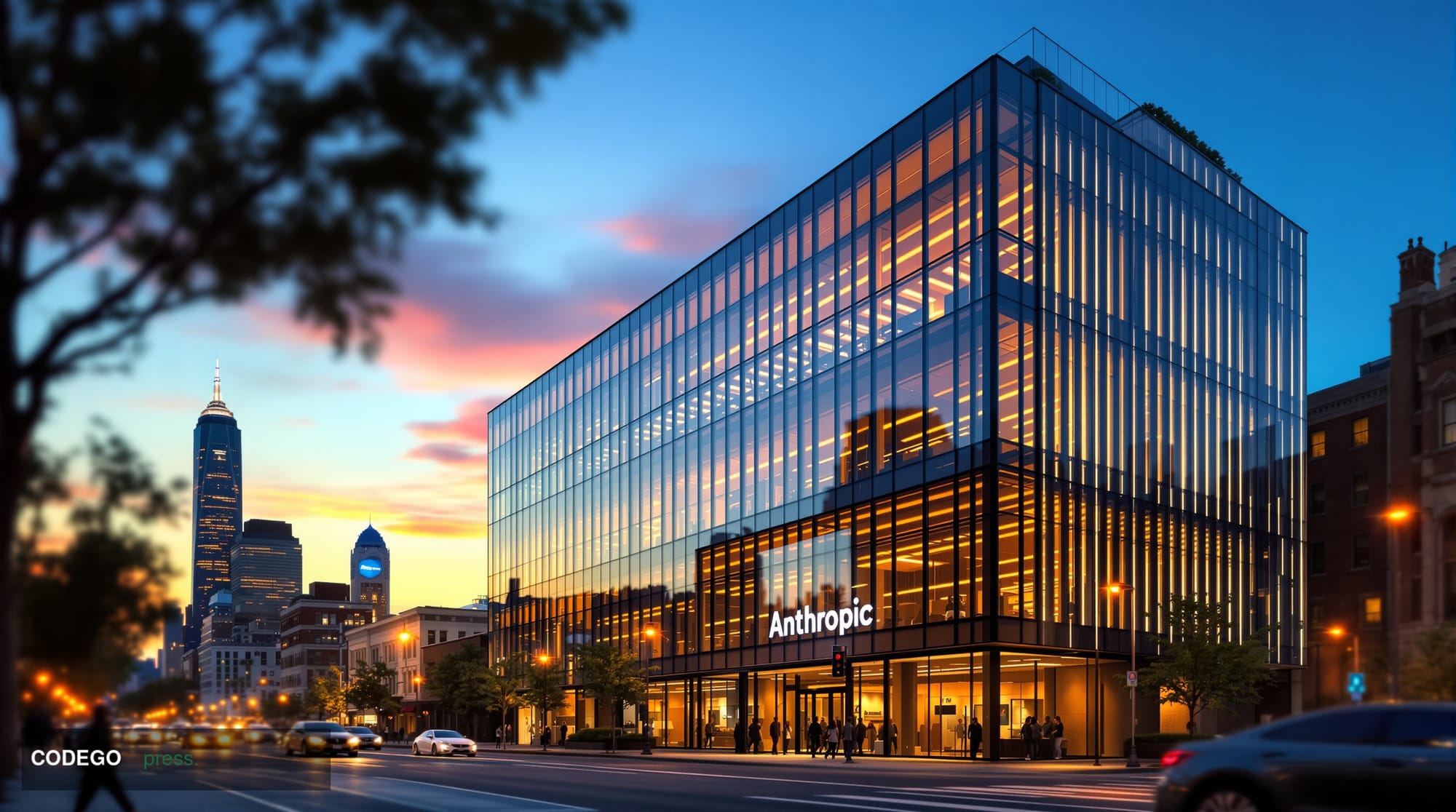 Photorealistic editorial photograph of Anthropic's headquarters building in San Francisco's SOMA district at golden hour, wit