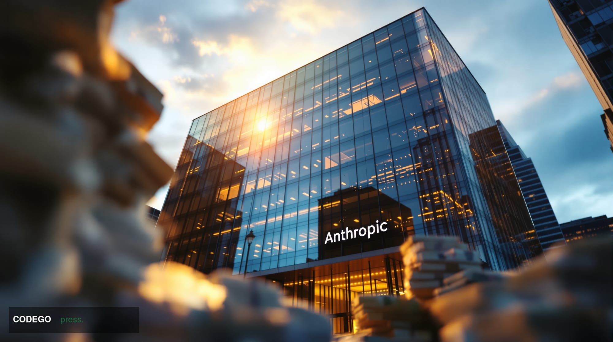 A cinematic editorial photograph capturing Anthropic's headquarters in San Francisco's SOMA district, shot during golden hour
