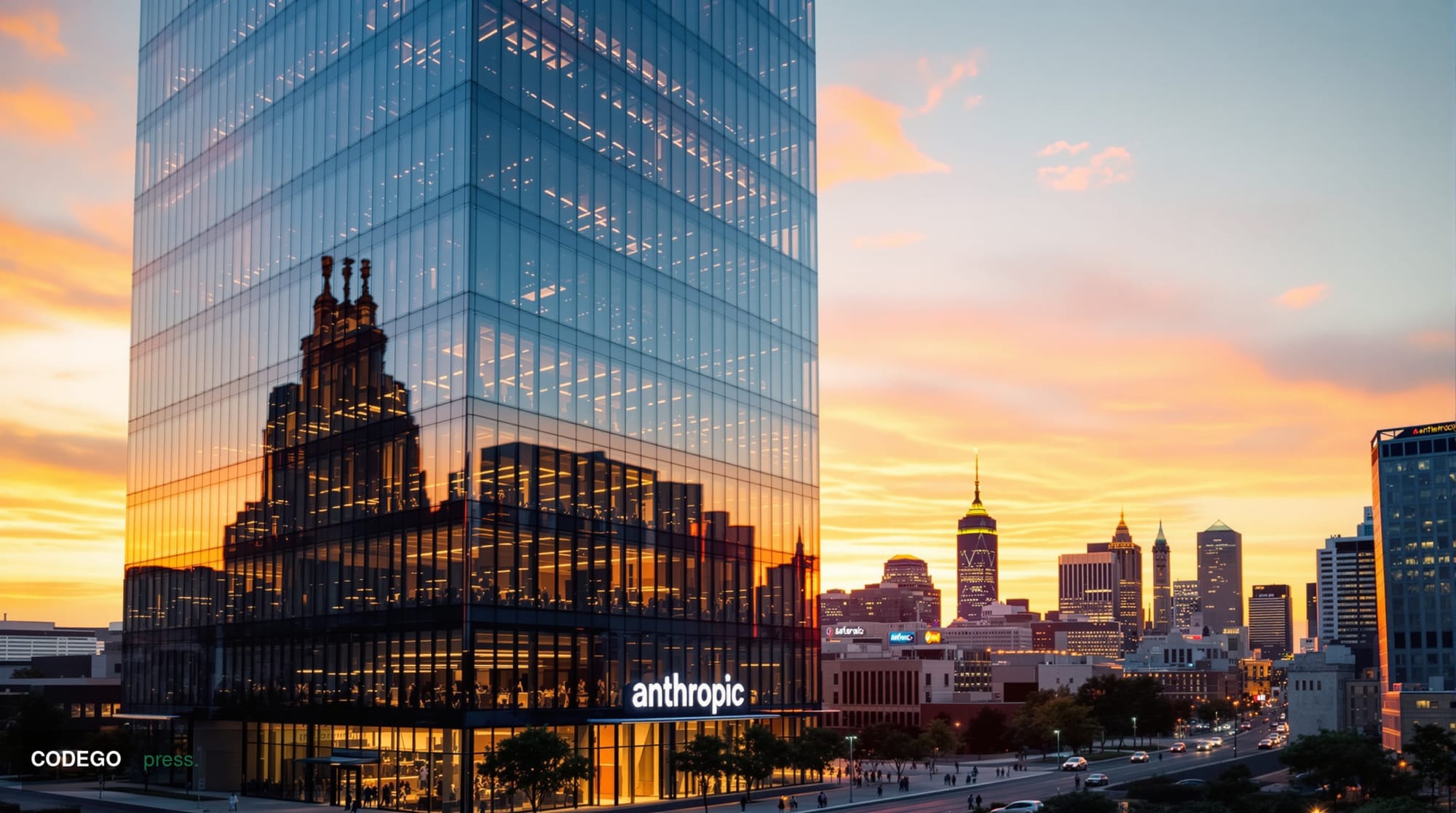 A photorealistic editorial photograph capturing Anthropic's San Francisco headquarters building in SOMA district during golde
