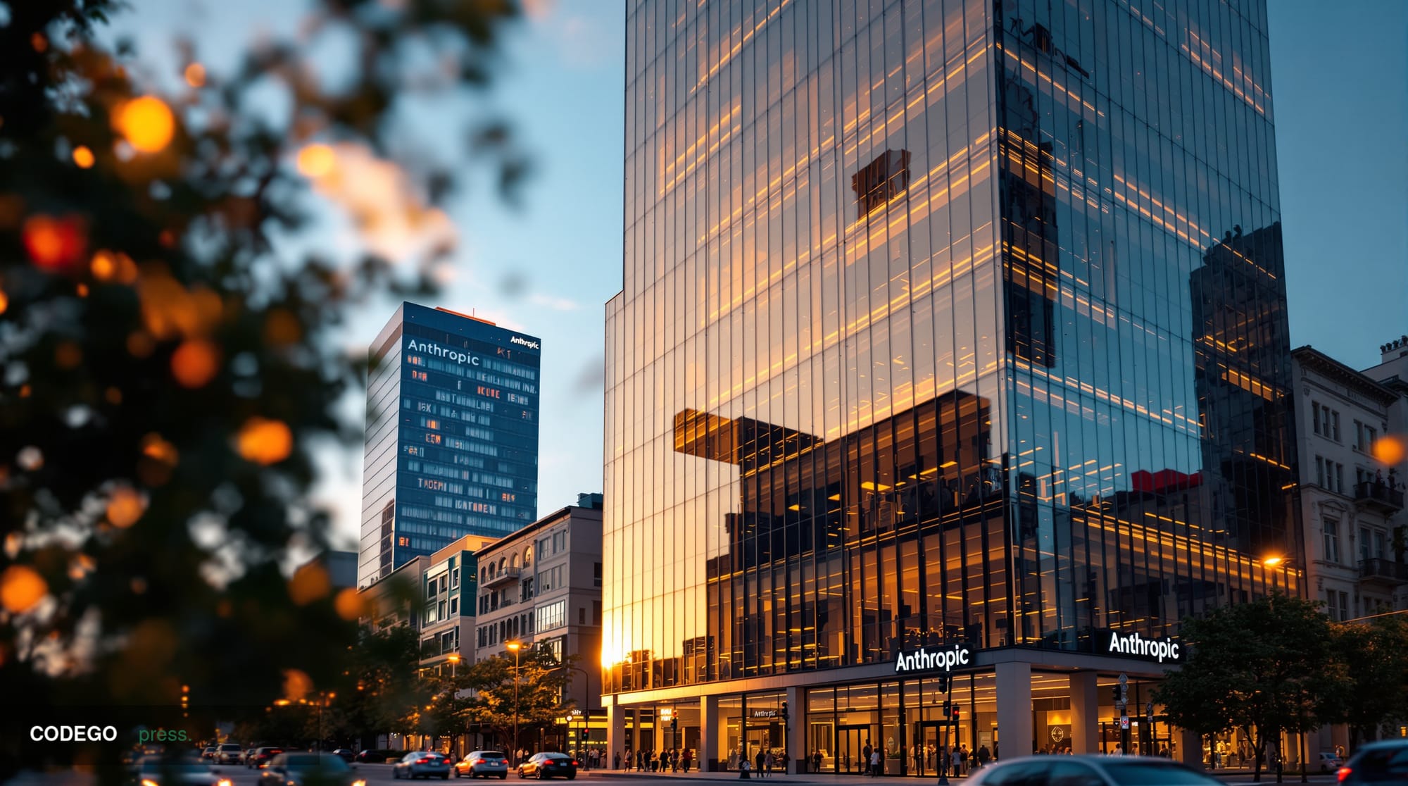 A striking editorial photograph of Anthropic's San Francisco headquarters building at golden hour, with the company's distinc