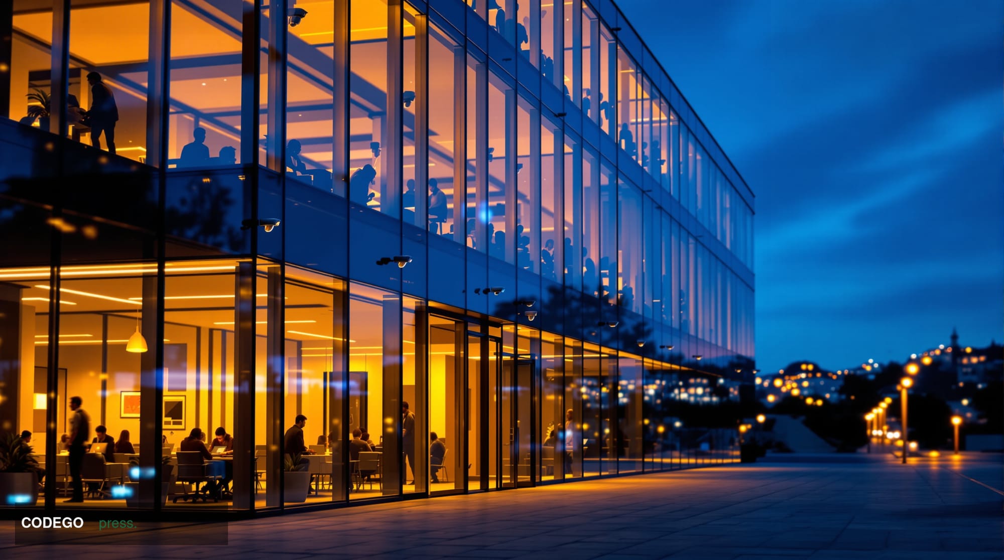 A cinematic editorial photograph of Anthropic's San Francisco headquarters exterior at dusk, with the company's distinctive g