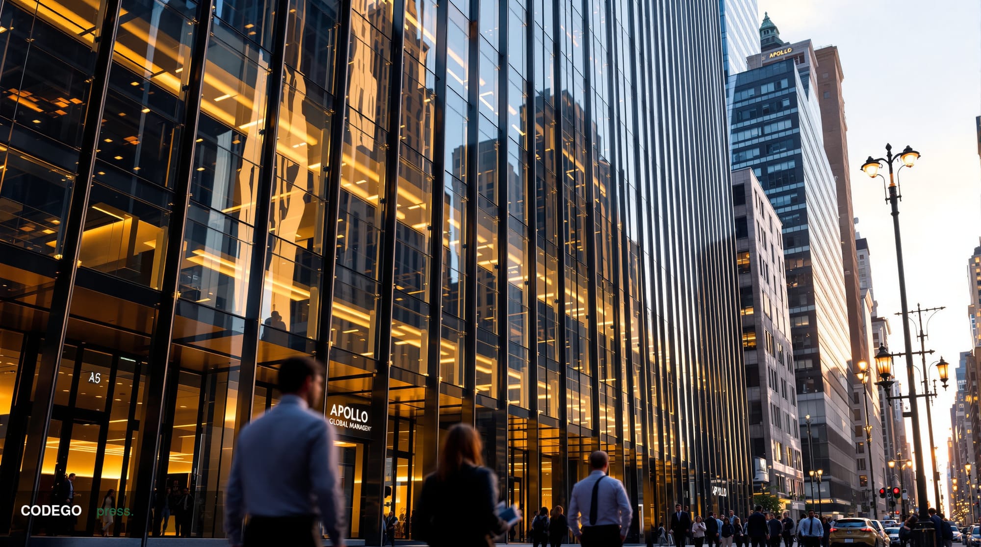 A dramatic photorealistic editorial photograph showcasing Apollo Global Management's New York headquarters at 9 West 57th Str