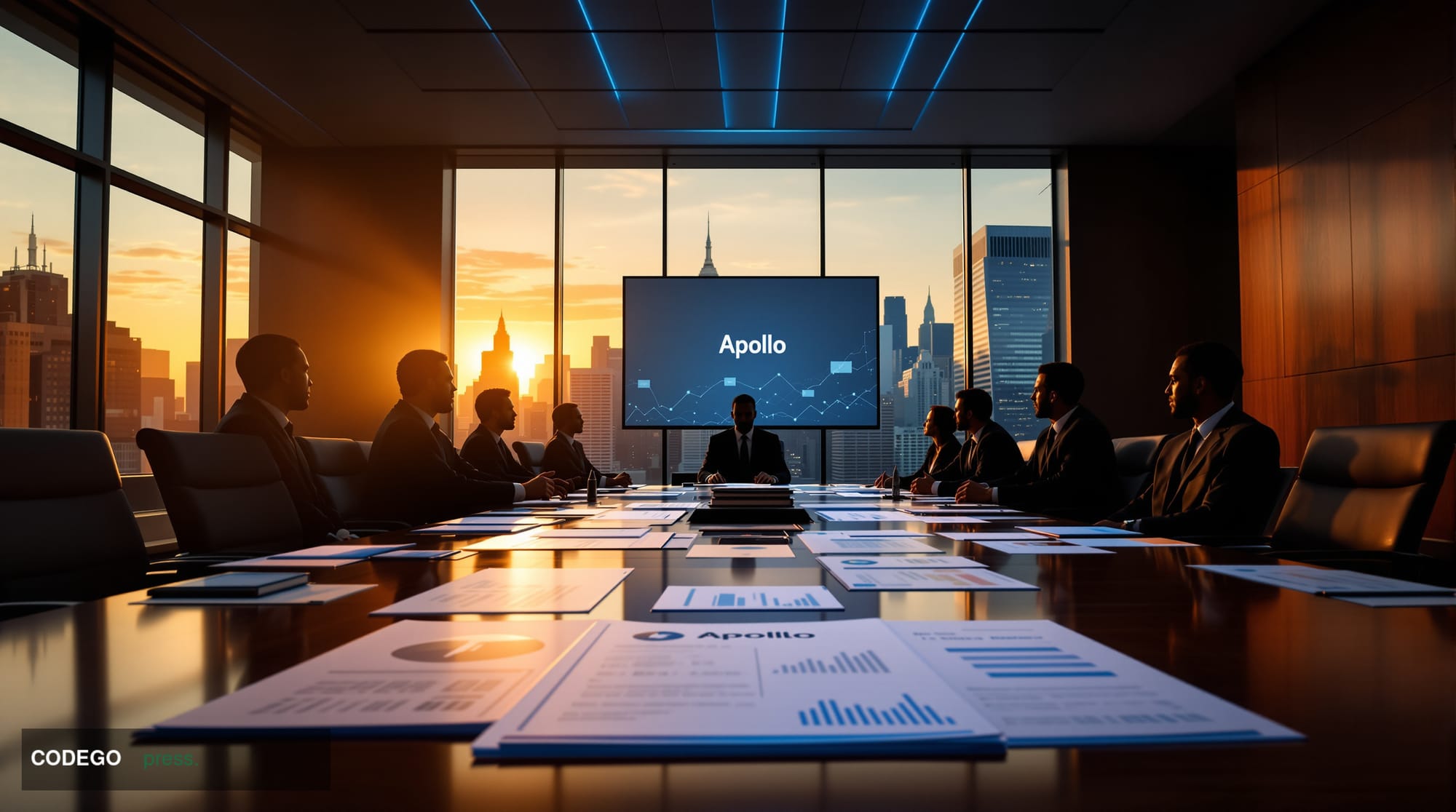 A dramatic corporate boardroom scene capturing the scale of a $1.5 billion acquisition deal, shot from a low angle looking up