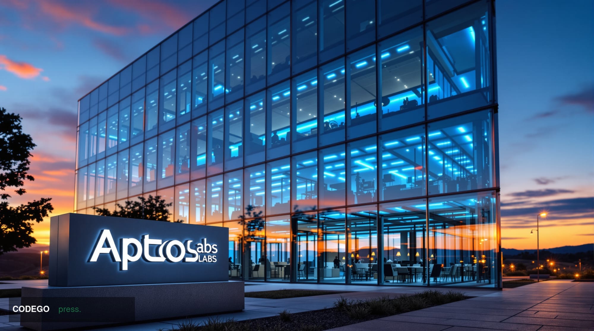 A striking editorial photograph of Aptos Labs' headquarters or a recognizable blockchain technology campus, shot during golde