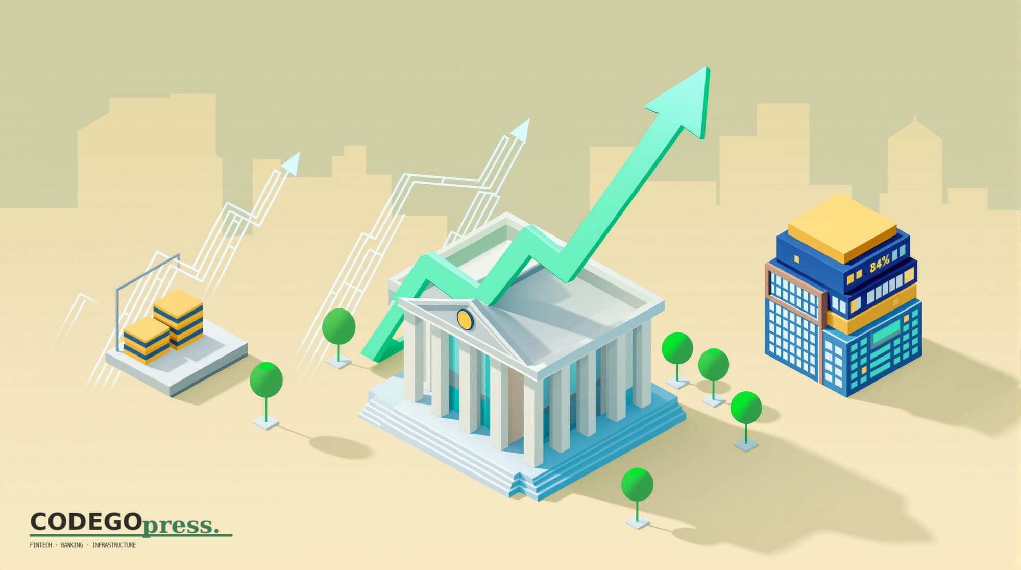 flat 3D isometric vector editorial illustration, banking-green primary (#1A6B43), cream background, gold and navy accents, so