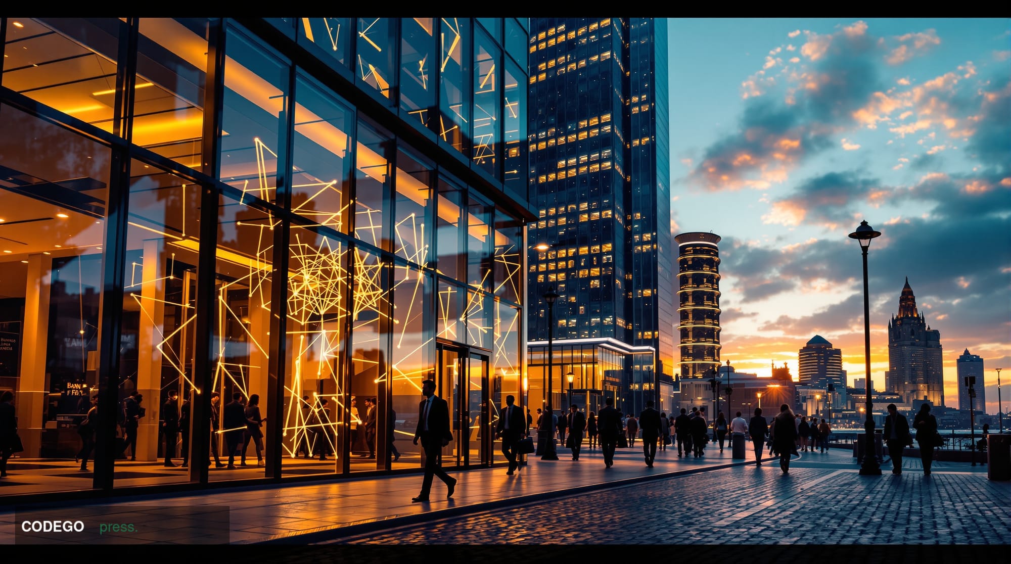 A cinematic editorial photograph capturing Argentina's financial district in Buenos Aires, featuring the iconic skyline with 