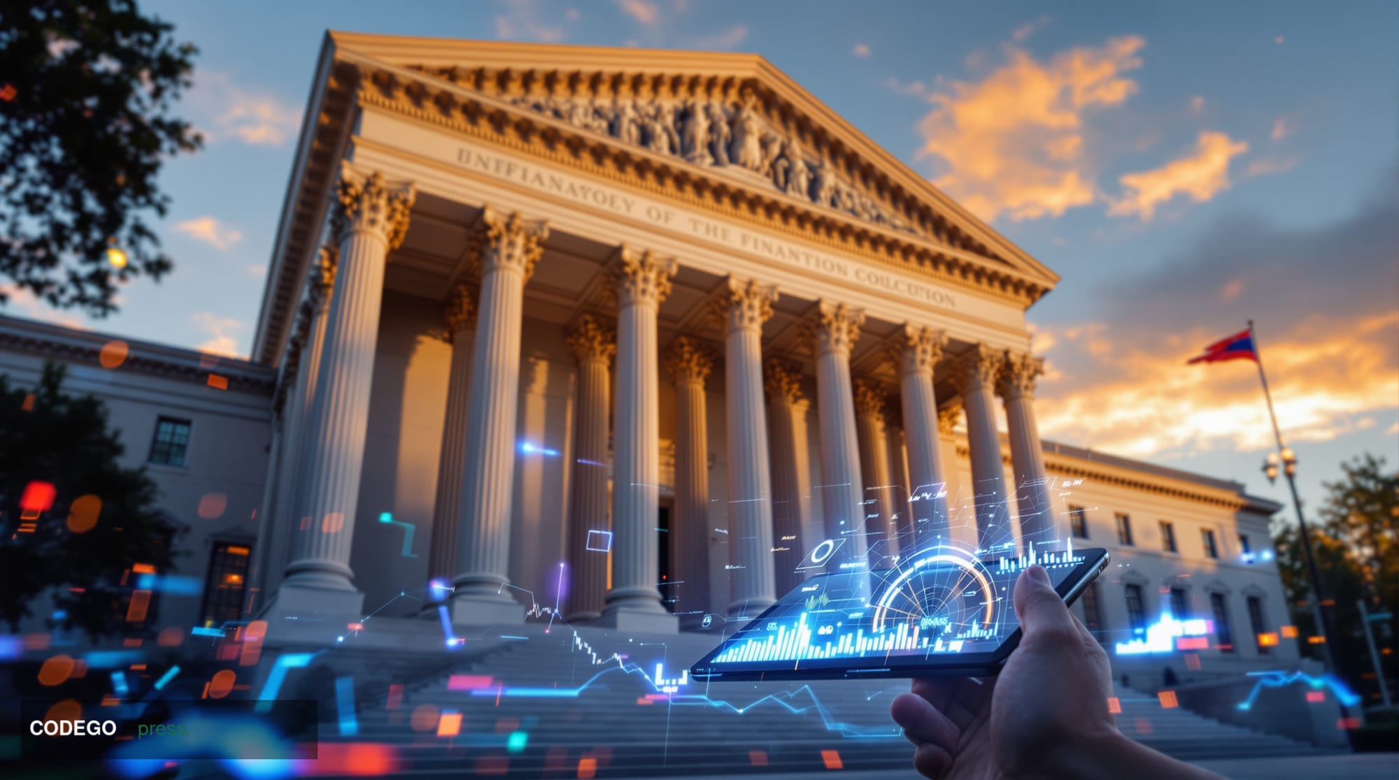 A cinematic editorial photograph of the U.S. Treasury Building in Washington D.C., shot from a low angle during golden hour w