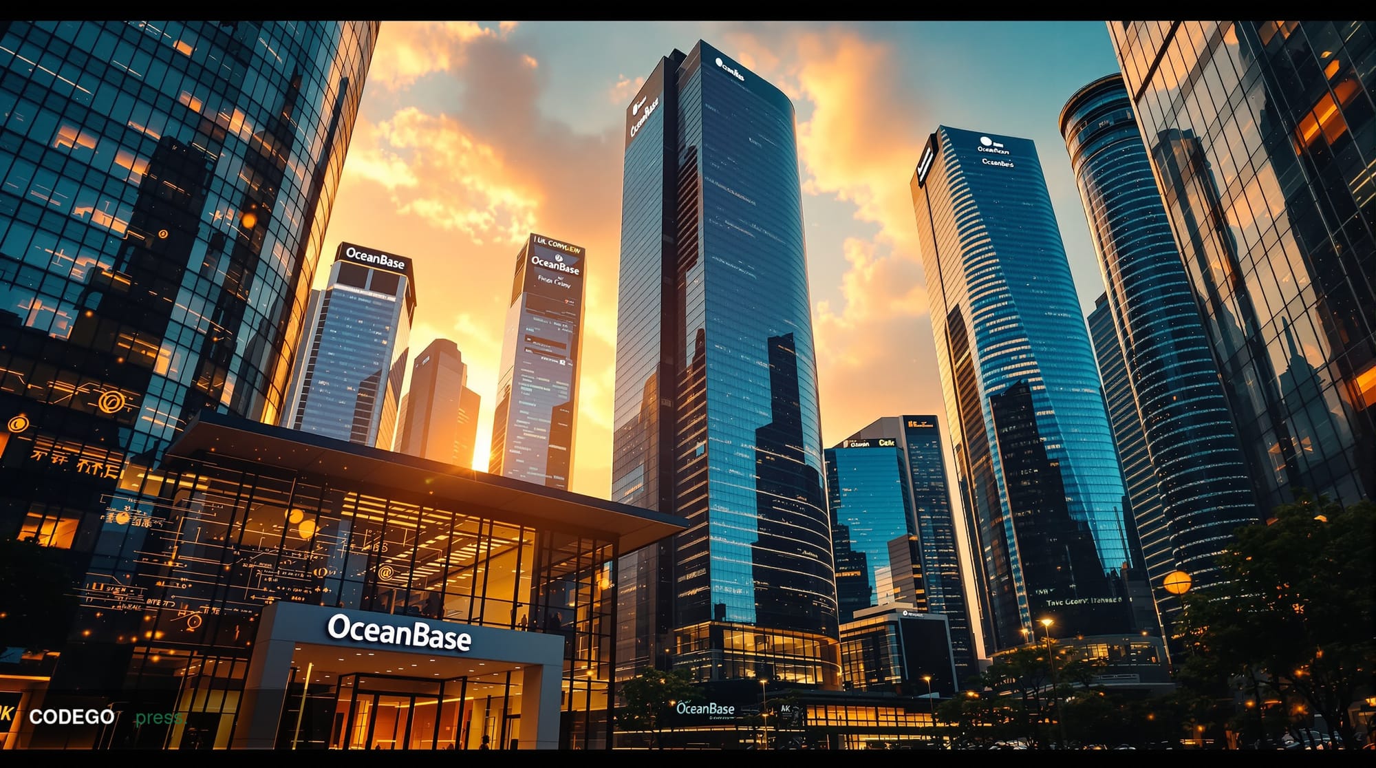 A cinematic editorial photograph showing a modern Asian financial district skyline at golden hour, with towering glass skyscr
