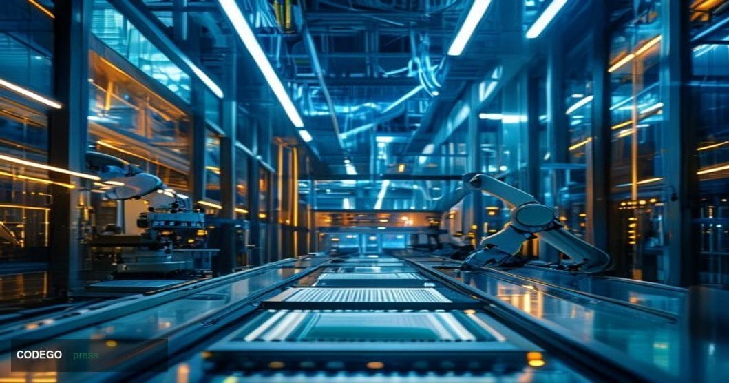 A cinematic editorial photograph showcasing the intersection of Asian technology manufacturing and AI advancement. The scene 