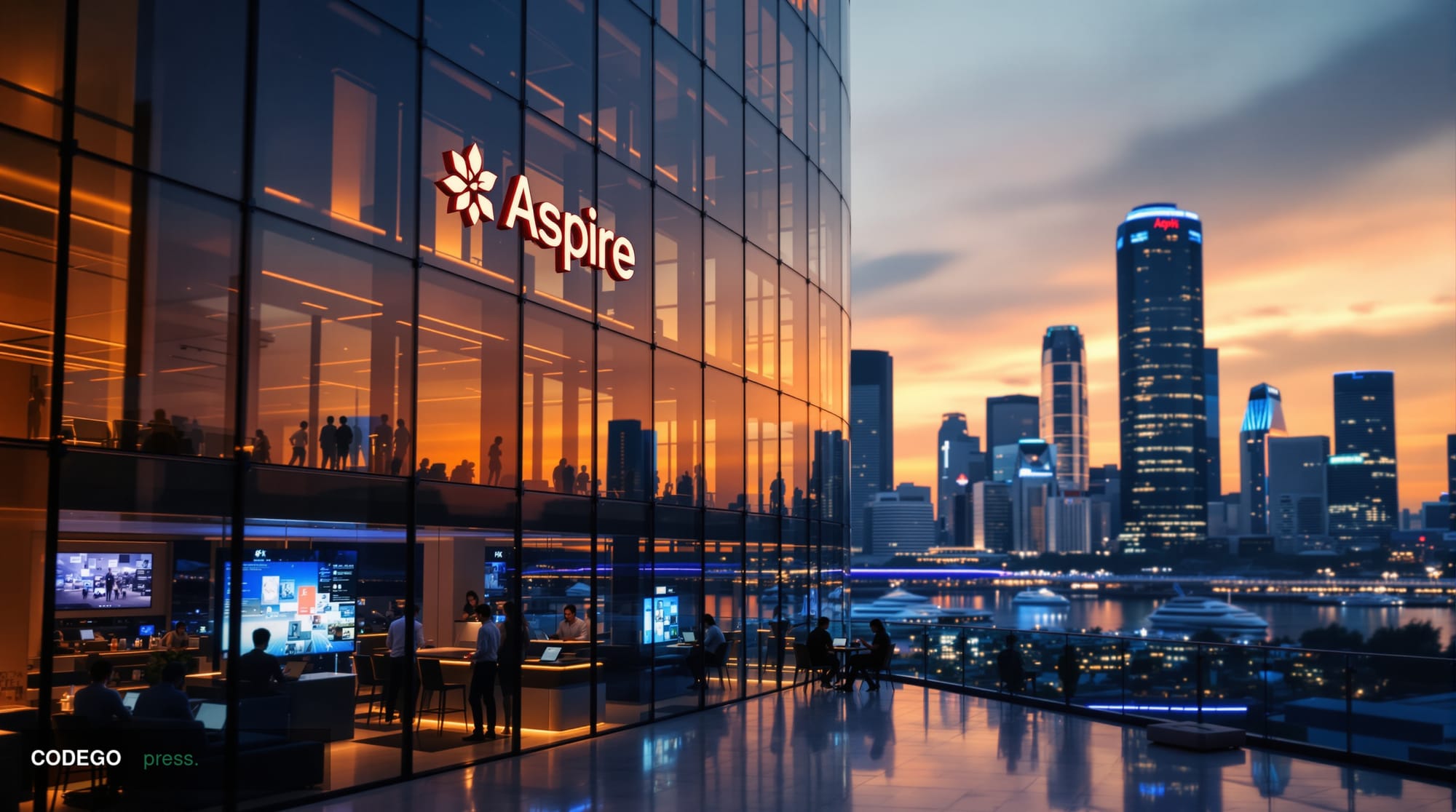 A cinematic editorial photograph showcasing Aspire's modern Singapore headquarters building with its distinctive glass facade