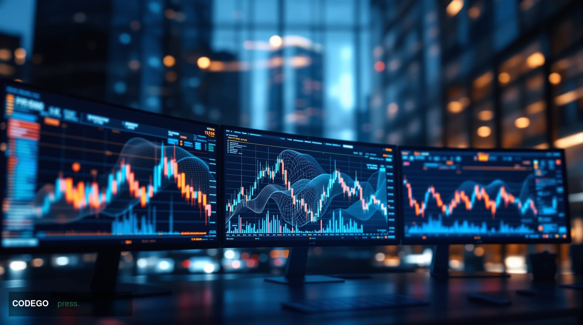 A photorealistic editorial photograph showcasing the intersection of artificial intelligence and financial trading. The scene
