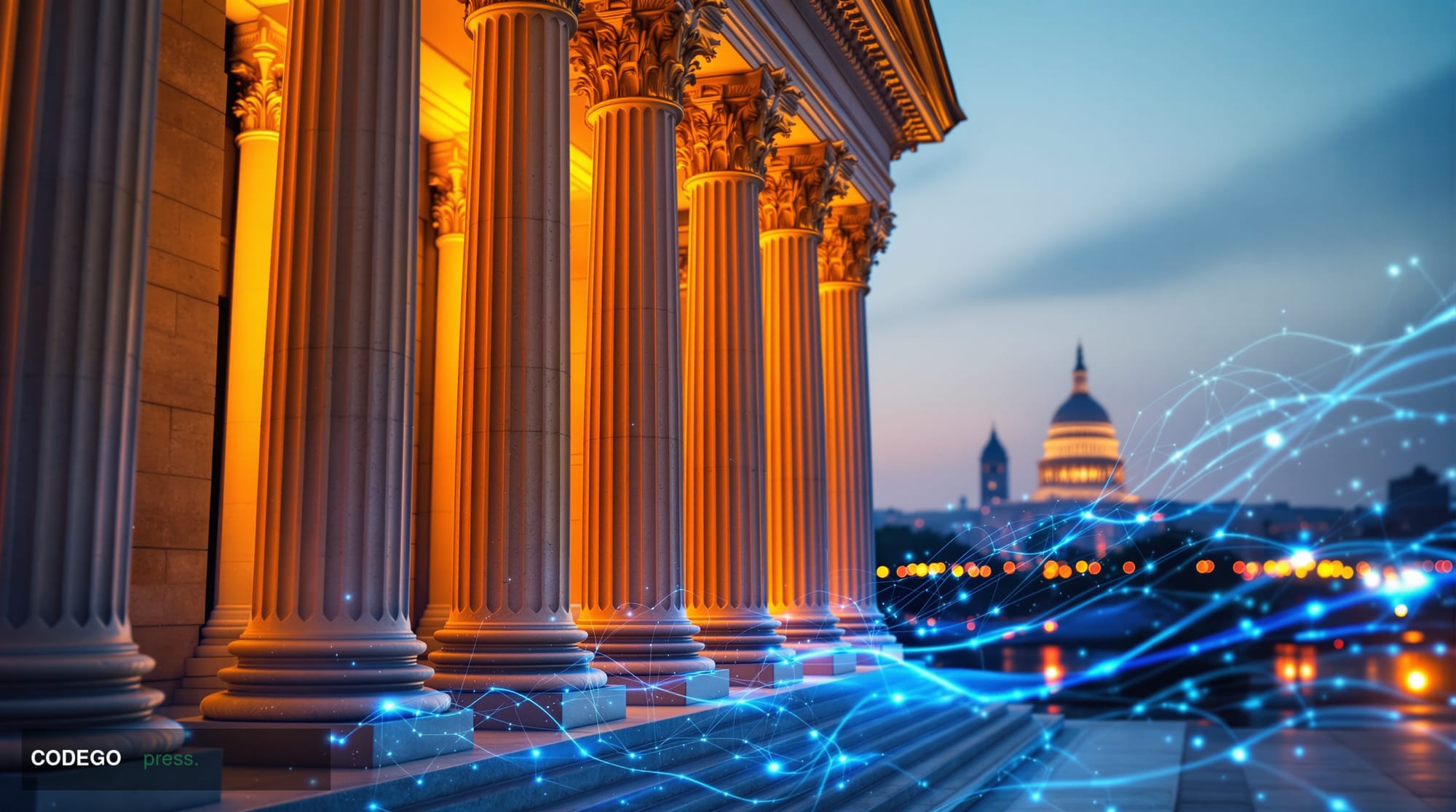 A photorealistic editorial photograph showcasing the Office of the Comptroller of the Currency headquarters building in Washi