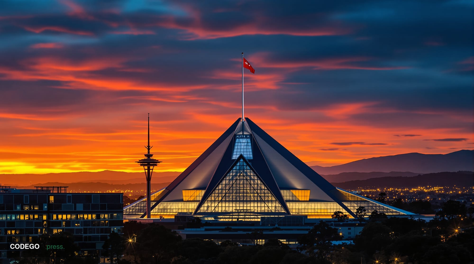 A cinematic editorial photograph of the Parliament House of Australia in Canberra at golden hour, shot from a low angle to em