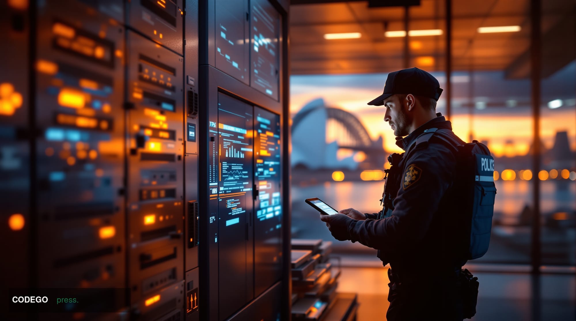 A cinematic editorial photograph capturing the intersection of law enforcement and cryptocurrency in Australia. The scene sho