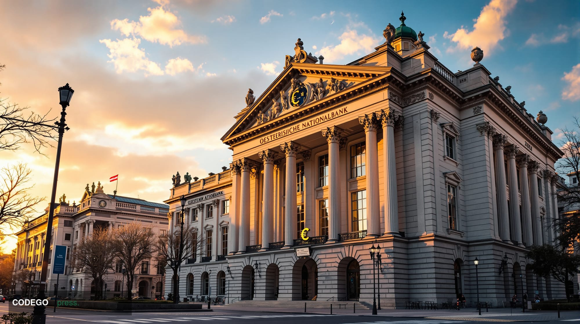 A striking photorealistic editorial photograph of the historic Oesterreichische Nationalbank headquarters building in Vienna,