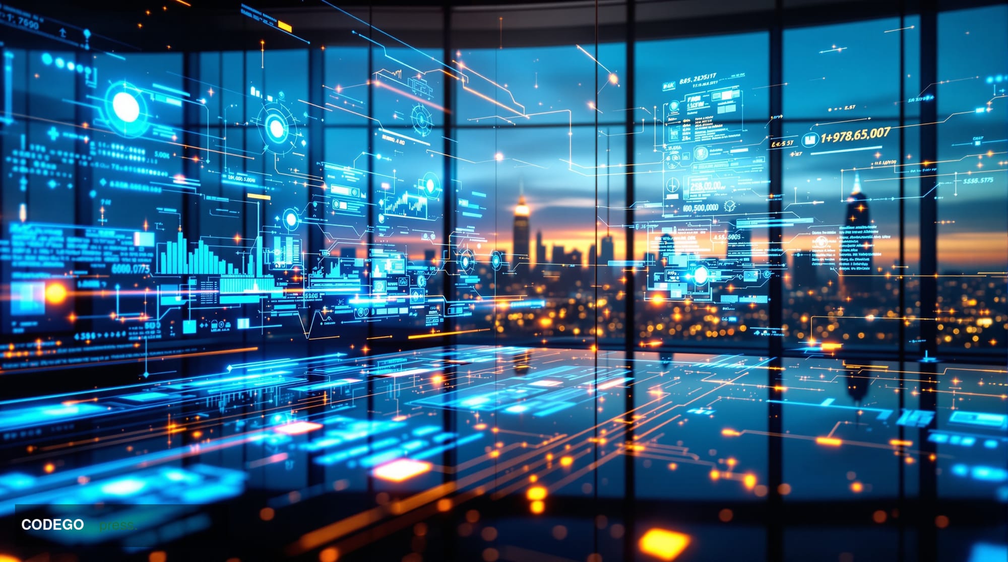 A cinematic editorial photograph showcasing a futuristic financial technology command center with multiple holographic displa