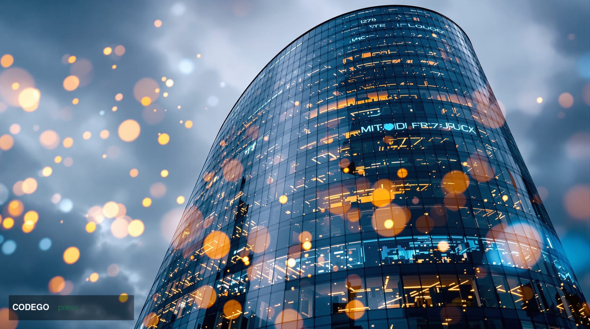 A cinematic editorial photograph showing the Amazon Web Services headquarters in Seattle, Washington, captured from a low ang