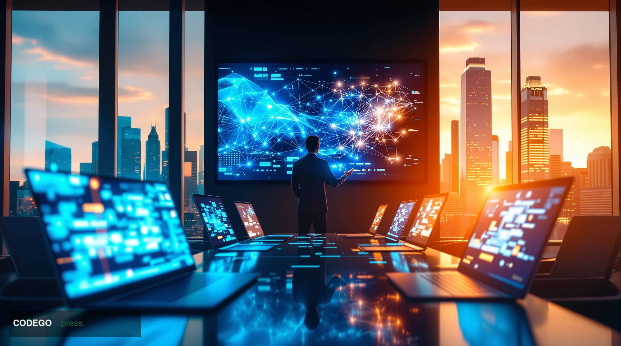 A cinematic editorial photograph capturing the modern B2B payments revolution through a sophisticated corporate finance envir