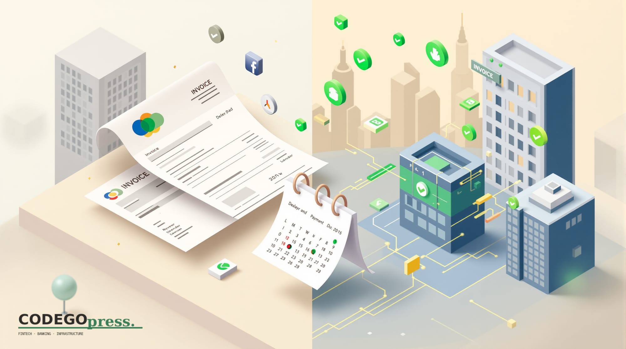 flat 3D isometric vector editorial illustration showing a split composition: left side depicts a traditional paper invoice an