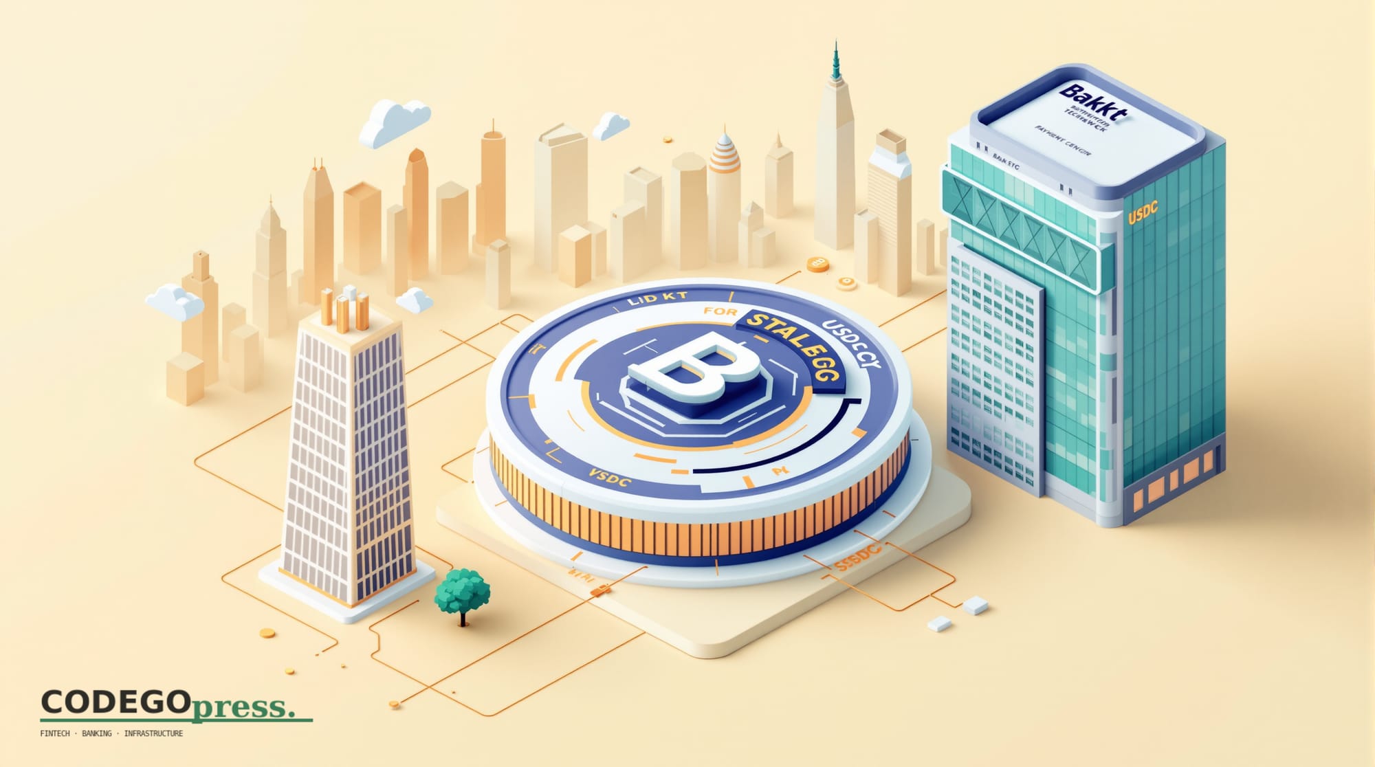 Large stablecoin token (white and navy circles, USDC aesthetic) in centre with integrated payment gateway chip, Bakkt glass-t