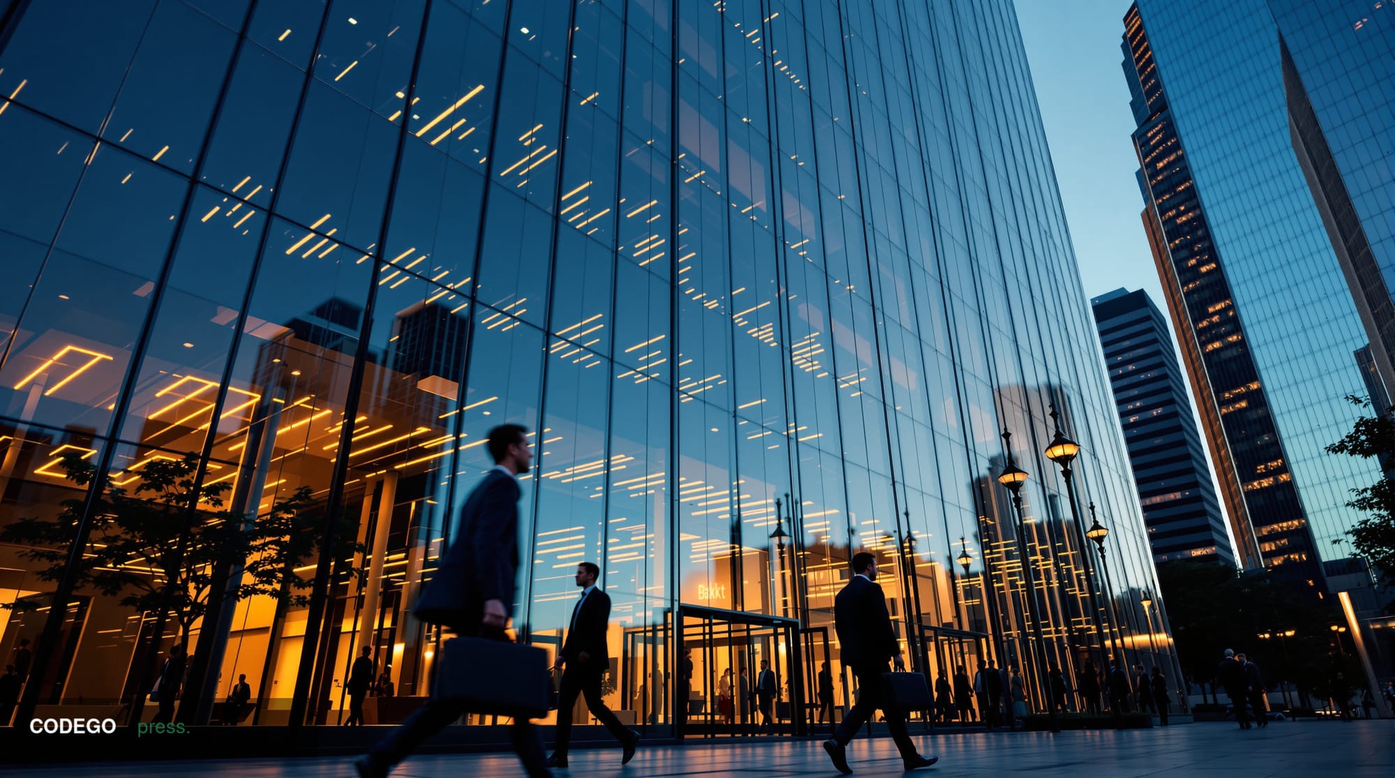 A photorealistic editorial photograph of Bakkt's corporate headquarters in Atlanta, Georgia, showing the sleek modern glass a