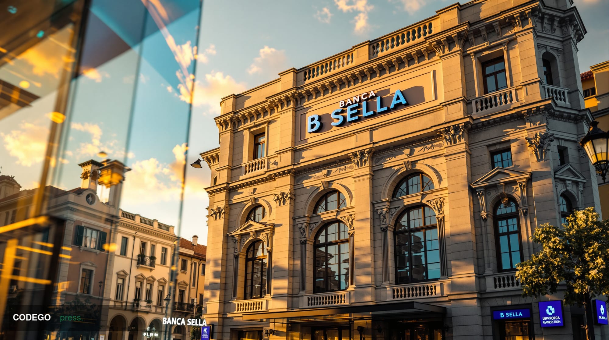 Photorealistic editorial photograph of Banca Sella's Italian headquarters building exterior in dramatic golden hour lighting,