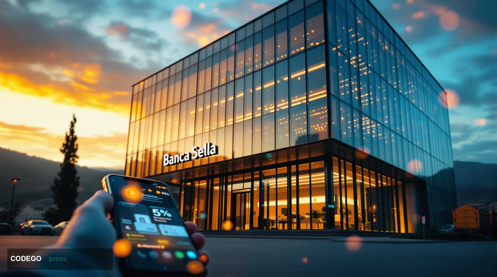 A striking cinematic photograph of Banca Sella's modern Italian banking headquarters in Biella, captured during golden hour w