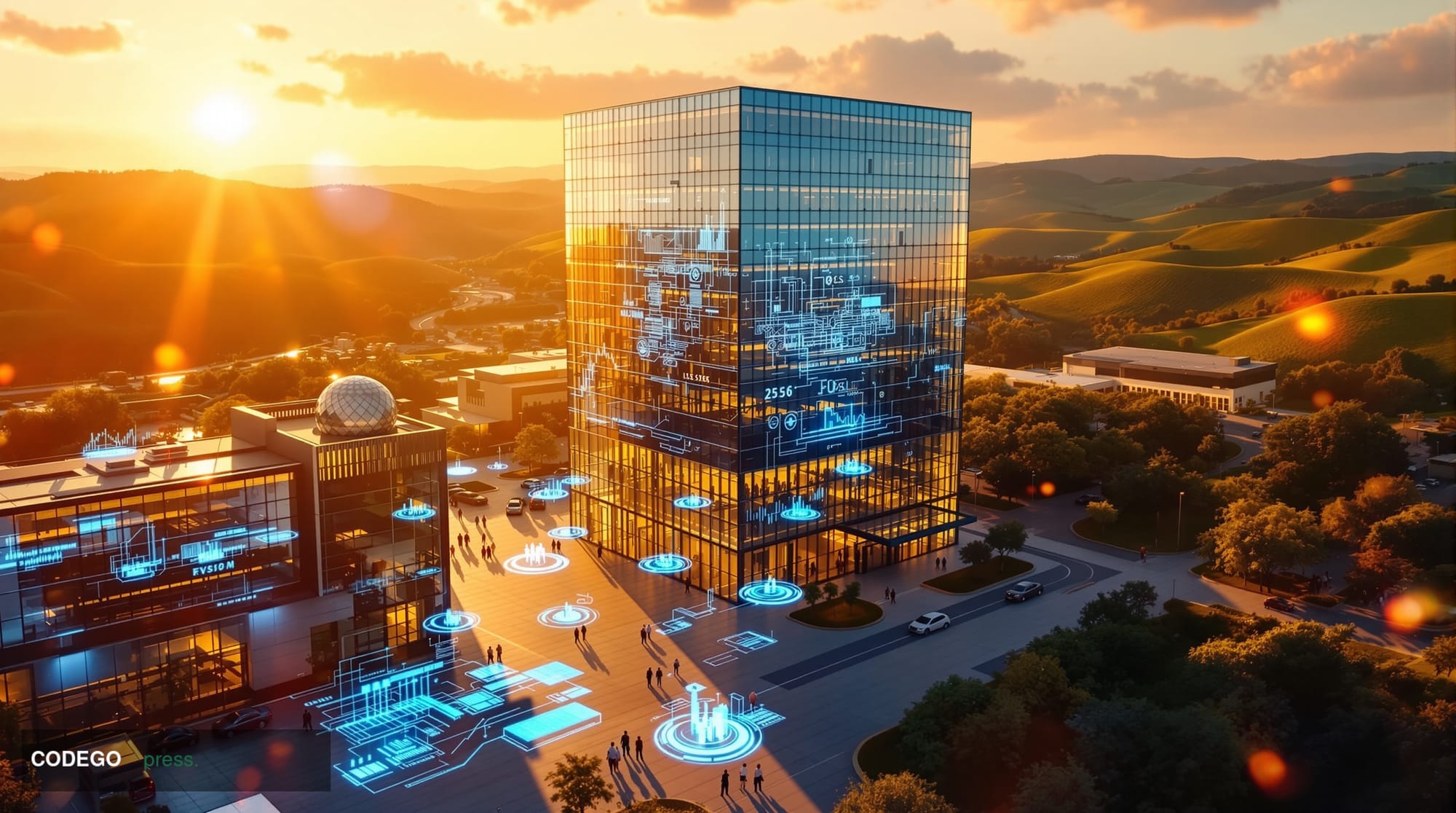 A photorealistic editorial photograph of Google's Mountain View headquarters campus at golden hour, shot from an elevated ang