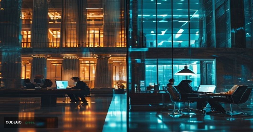 A dramatic split-screen photorealistic editorial photograph showing the stark contrast between traditional banking and innova