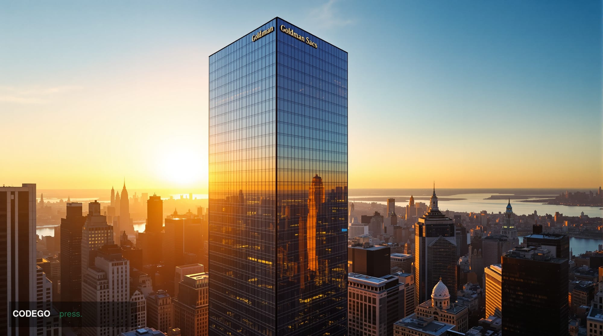A dramatic photorealistic aerial view of Goldman Sachs headquarters at 200 West Street in lower Manhattan, captured during go