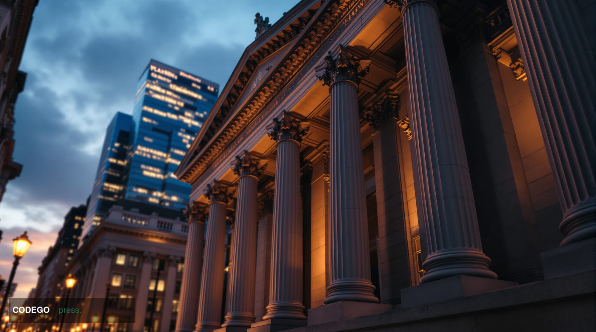 A dramatic photorealistic editorial photograph capturing the intersection of traditional and digital finance through the icon