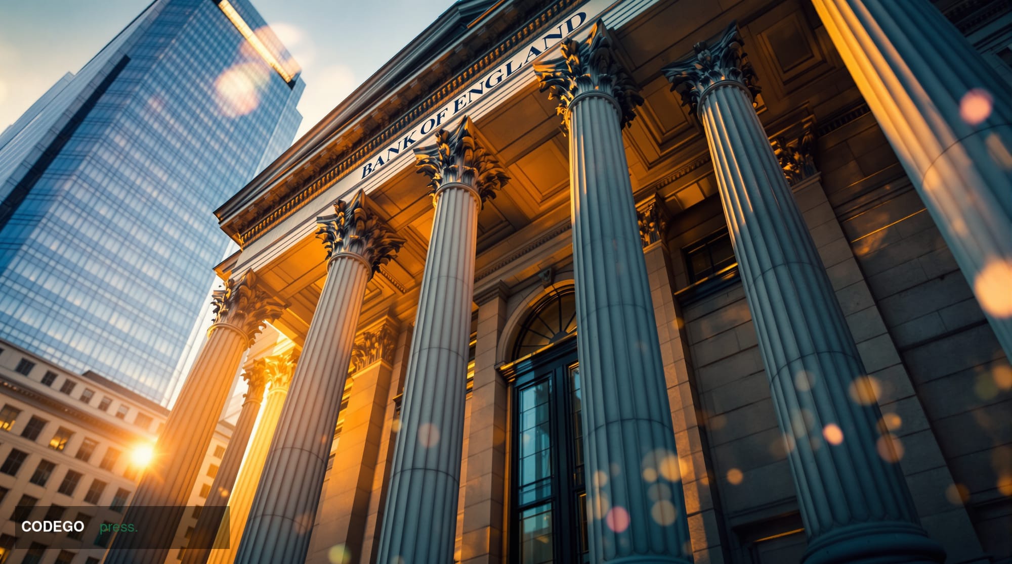 A cinematic editorial photograph capturing the iconic Bank of England building in the City of London, shot from a low angle t
