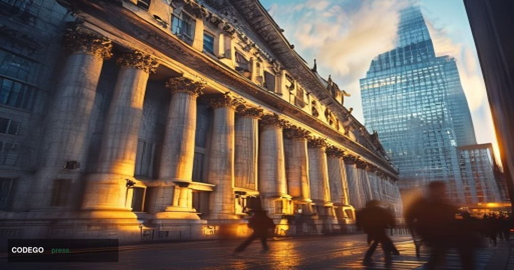 A photorealistic editorial photograph capturing the imposing neoclassical facade of the Bank of England's Threadneedle Street