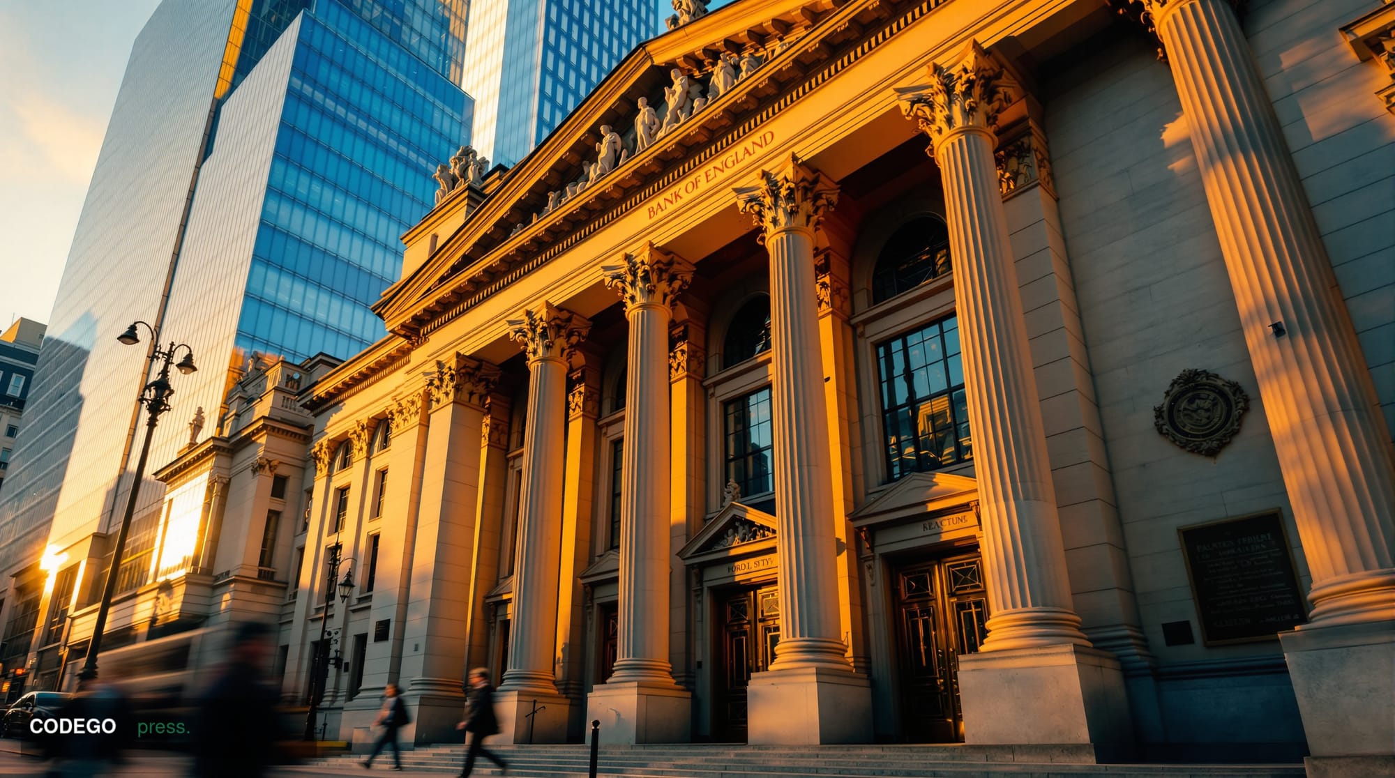A cinematic editorial photograph capturing the imposing neoclassical architecture of the Bank of England's Threadneedle Stree