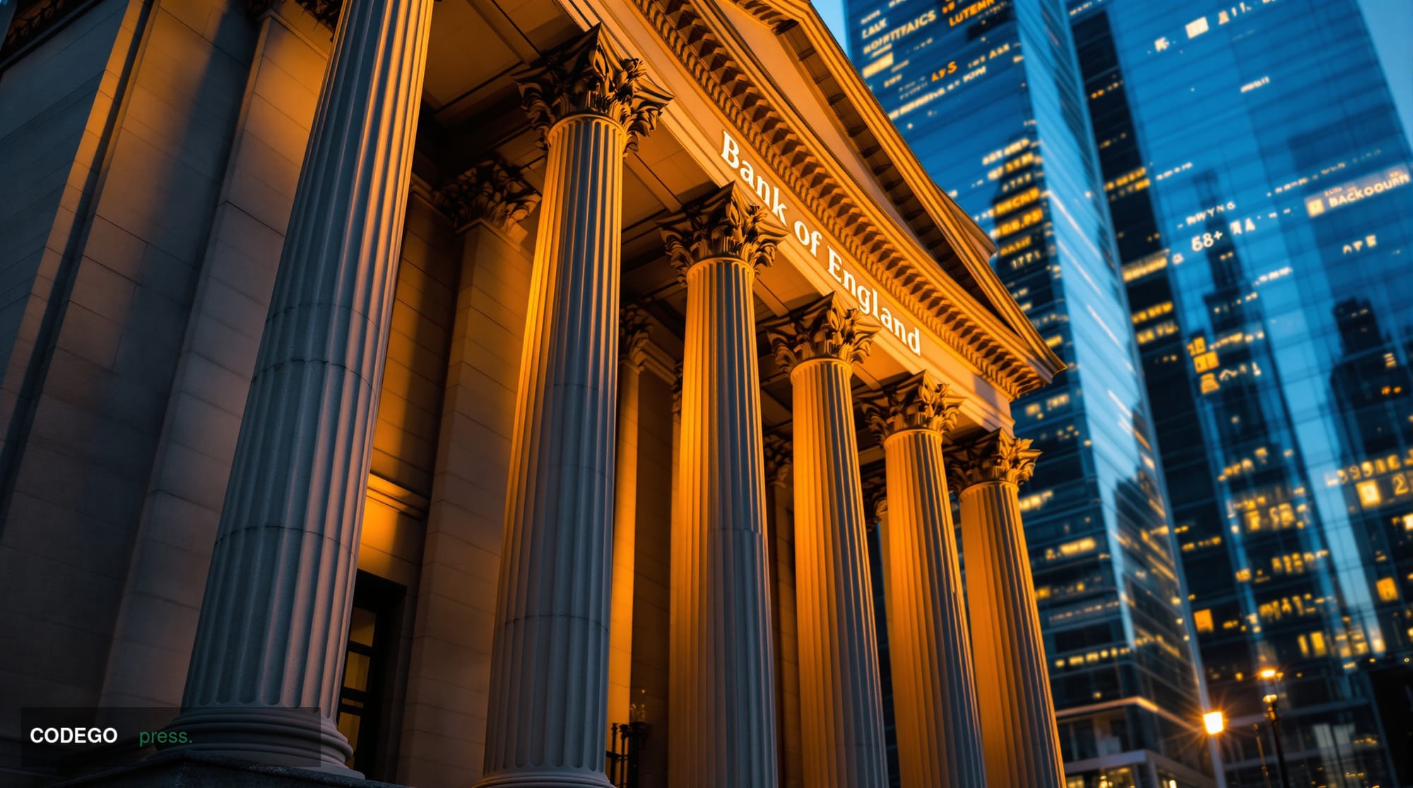 A cinematic editorial photograph of the Bank of England's iconic neoclassical headquarters on Threadneedle Street in London's